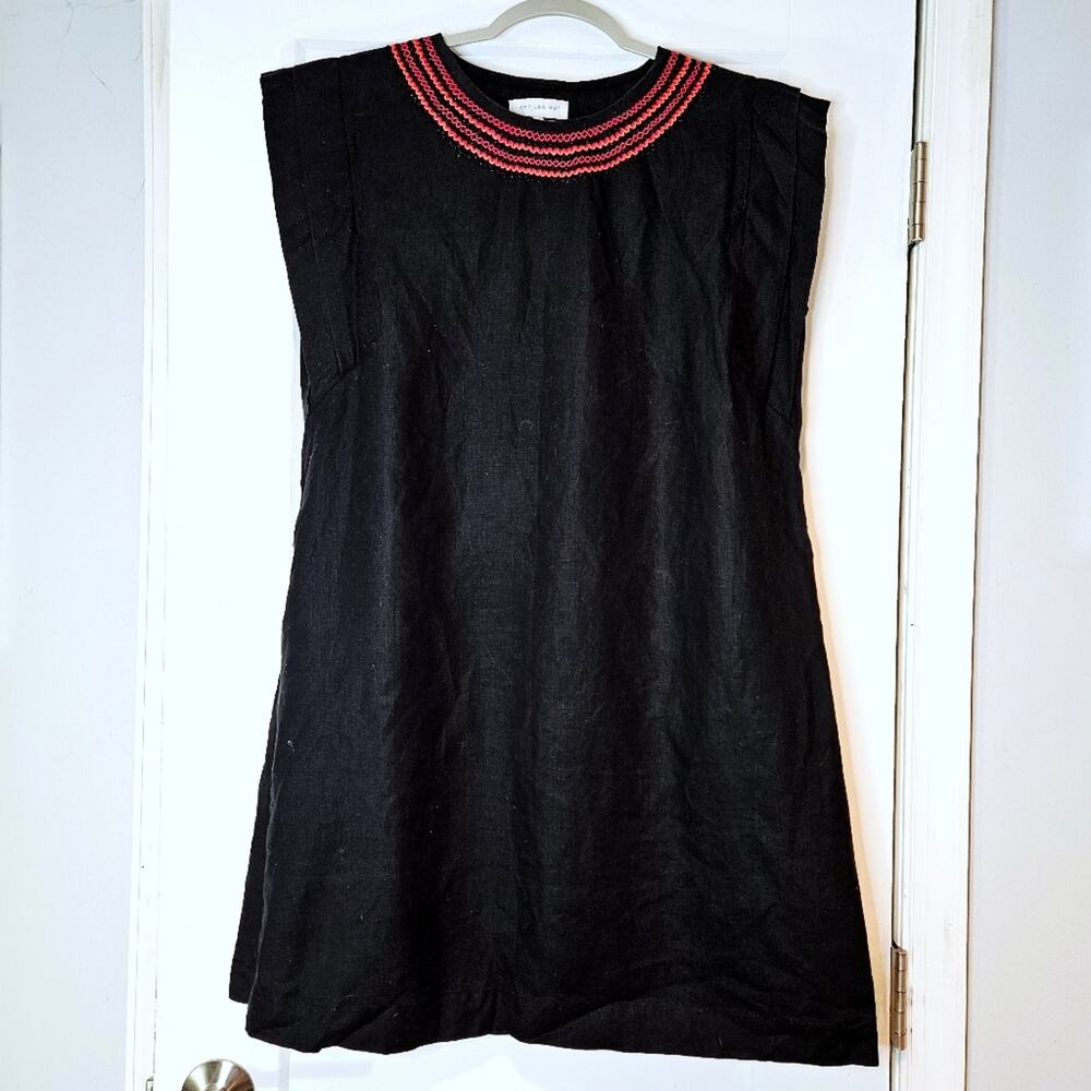 Casilda Mut Linen Embroidered Linen Shift Dress Black Mini Size L